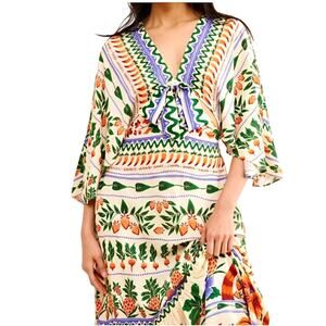 Farm Rio Anthropologie v-neck side cutout knot front maxi dress D2 2130